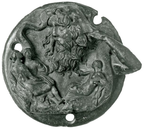 Figure 6: Bronze attachment showing the sea-god Nereus with monsters and a nymph (said to be from Macedonia; 100BC-AD100; Diam.: 10.2cm; BM1867,0708.1). Sold by Merlin to the British Museum in 1867 for £35.  Source: © Trustees of the British Museum.