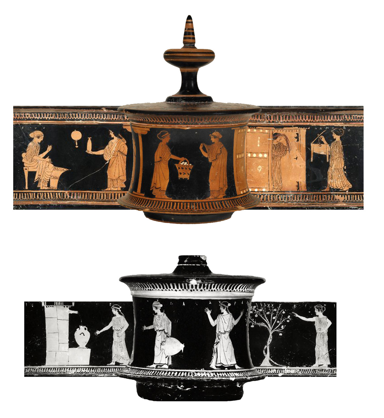 Figure 7: Two red figure clay pyxides with lid, both attributed to “a Follower of Douris”, said to be from Athens (ca. 500-470BC). Top: Women at the house (H: 17.5cm; BM1873,0111.7); Bottom: Type of “Garden of Hesperides” (H: 14cm; BM1873,0111.6). Originally bought from Professor Rhousopoulos in Athens. They were both sold by Merlin to the British Museum n 1884 for £85. Source: © Trustees of the British Museum.
