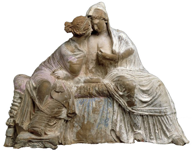 Figure 9: A clay group of two women (“Demeter” and “Persephone”) sitting on a couch  (said to be from Myrina on Lemnos; ca. 100BC; H: 20.5cm; BM1885,0316.1). Sold by Merlin to the British Museum in 1884 for £150. Source: © Trustees of the British Museum. 
