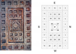 Figure 4 (A and B). Coffered ceiling within the Ostrusha tomb. B: scheme of the coffered ceiling (by Văleva 2005).