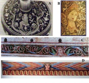 Figure 7. A. Apulian Vase (by Moreno 1994); B. Durrachium, Pebble mosaic; C. Aineias, Tomb II (by Βοκоτοпоύλου 1990); D. Vulci, Tomba François (by Steingräber 2006).