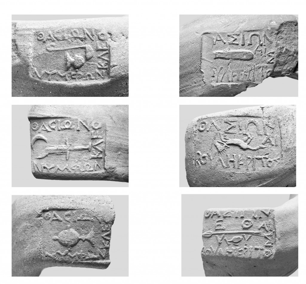 Figure 4. Thasian amphora stamps before and after the reform of ca. 330. In the year of Nymphôn, each name of fabricant is accompanied by an emblem. In the year of Boulêkritos, each fabricant name has been replaced by an emblem. The dies of the different fabricants were produced by two different cutters, identifiable on stylistic grounds [pictures from Tzochev 2016: 21-43; illustration kindly provided by the author].