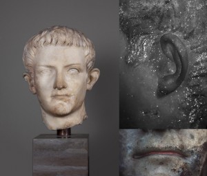 Fig. 1. Portrait of the emperor Caligula. Ny Carlsberg Glyptotek, Copenhagen, inv. no. 2687. Photos: Maria Louise Sargent. Top right corner: VIL image of left ear and hair. Lower right corner: UVF image of lips.