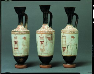 Fig. 2. White-ground lekythoi, depicting the use of ribbons to decorate grave monuments. Ny Carlsberg Glyptotek, Copenhagen, inv. nos. IN 2778, 2779, 2780.