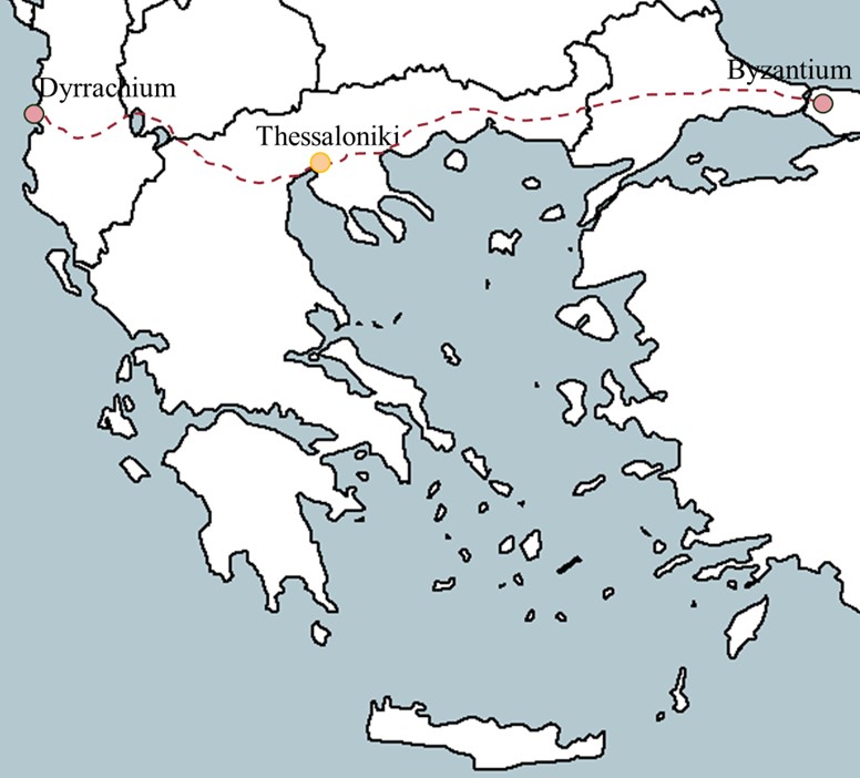 Figure 1. Map of Greece. A round point marks the city of Thessaloniki while the dashed line represents the Via Egnatia.