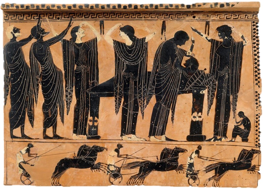 Figure 3. A terracota showing the professional mourners, the male visitors paying their respects, and the wife of the deceased on his side during the prothesis (National Archaeological Museum).