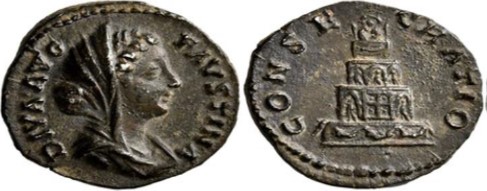 Figure 6. Coin of the era of Antonius Pius, displaying Faustina the Elder, surrounded by the inscription DIVA.AVGVSTA.FAVSTINA. On the reverse a four-level pyre is presented, decorated with garlands and columns. Atop of the pyre is a statue of Faustina the Elder mounting the quadriga, surrounded with the inscription CONSECRATIO (source: Mohammed-Moustafa, 2023).